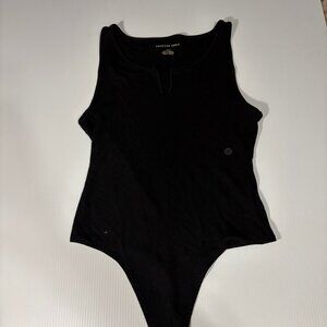 American Eagle Bodysuit Black Waffle Knit Notch Neck Sleeveless Bodysuit Large